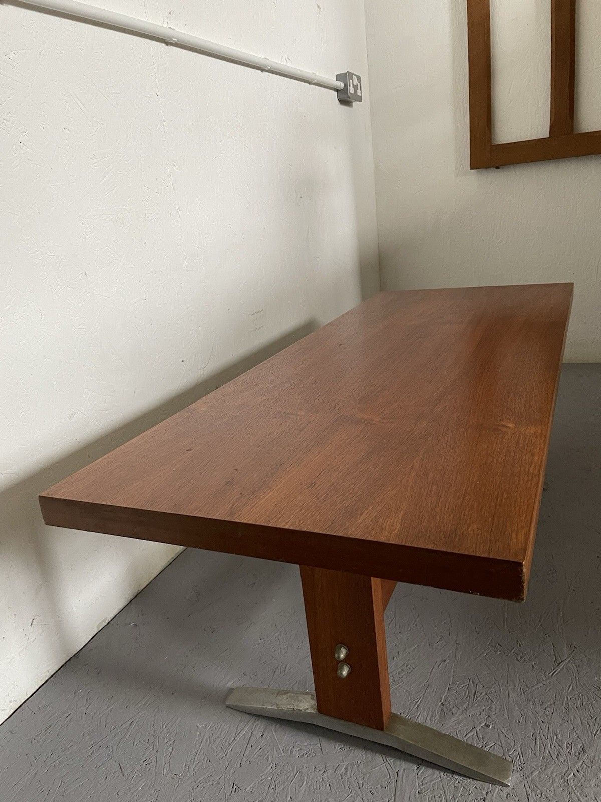 Mid Century Modernist Teak Coffee Table Chunky Brutalist Design Aluminium Feet photo vintage
