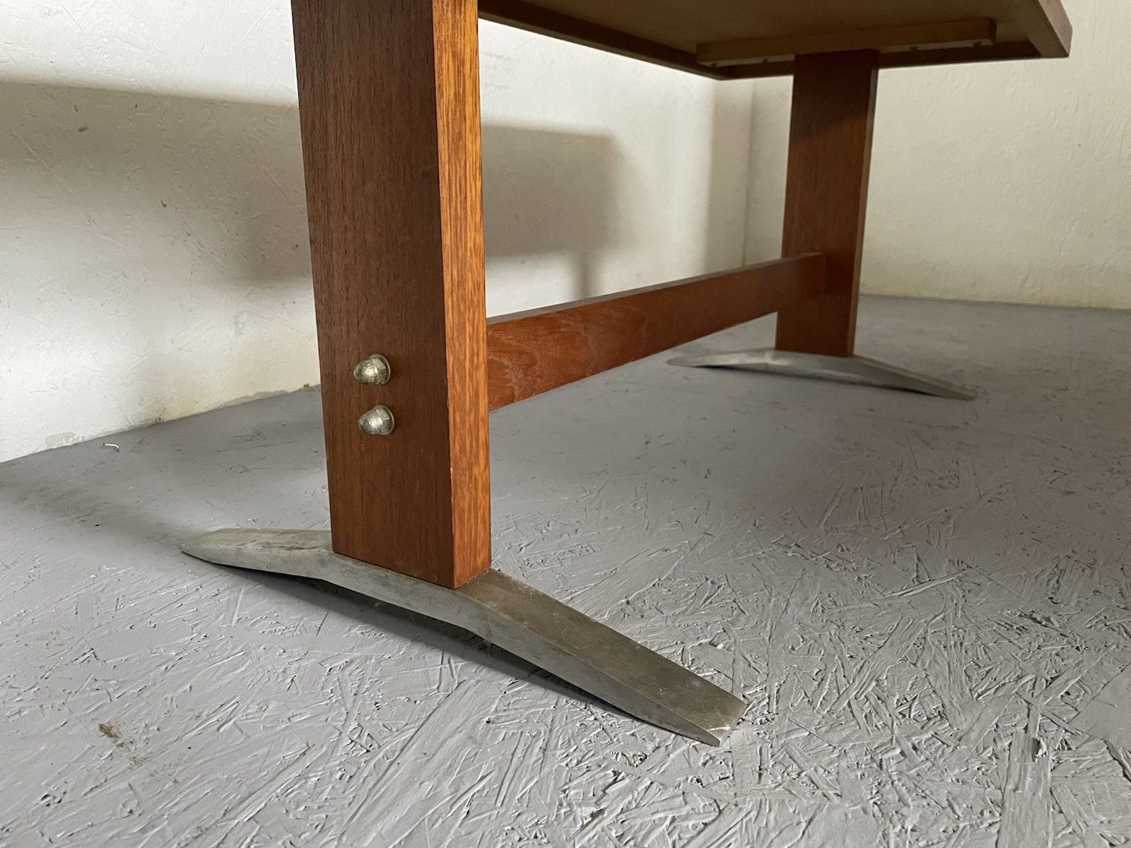 Furniture Mid Century Modernist Teak Coffee Table Chunky Brutalist Design Aluminium Feet photo