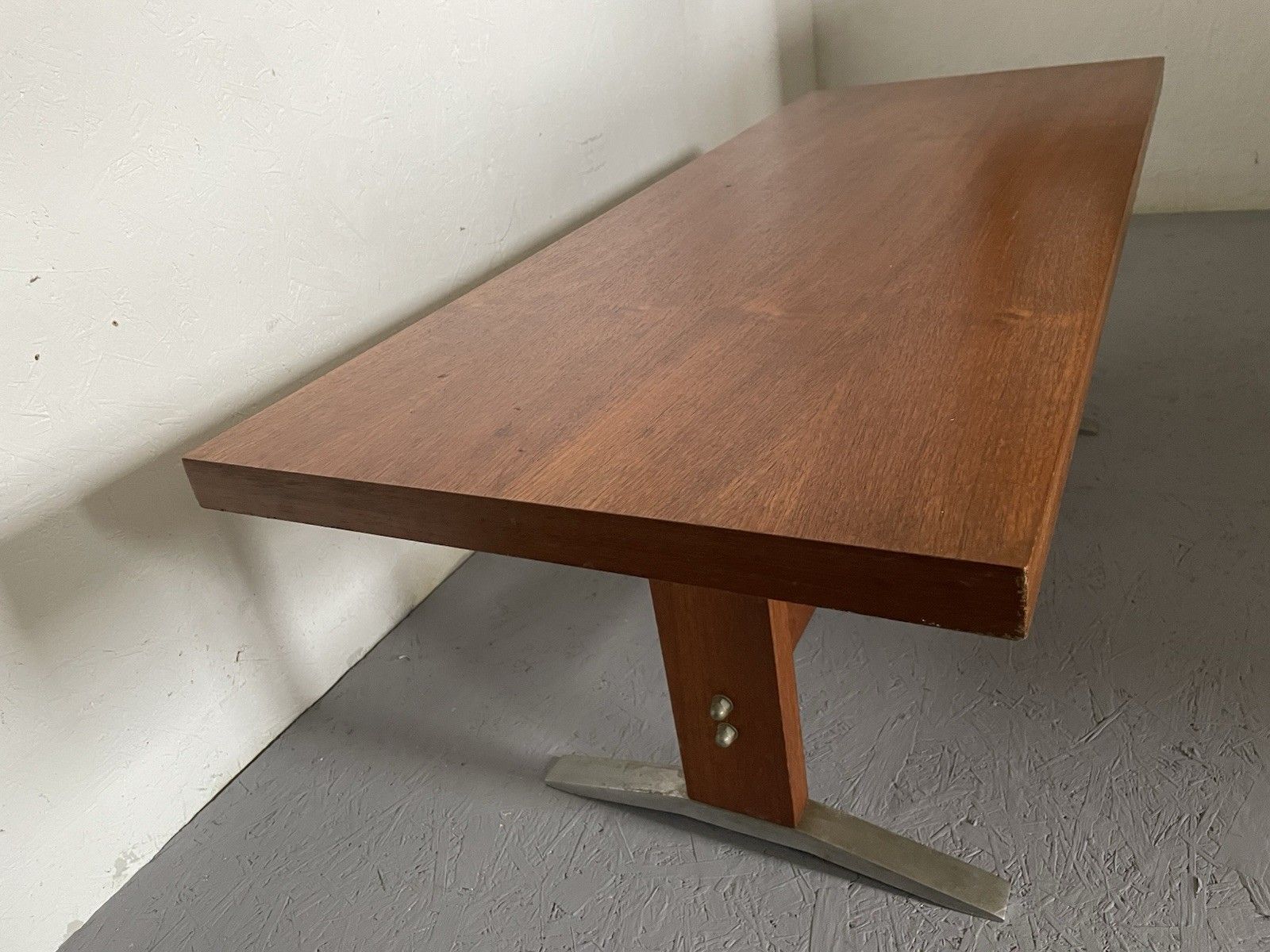 photo vinterior Mid Century Modernist Teak Coffee Table Chunky Brutalist Design Aluminium Feet