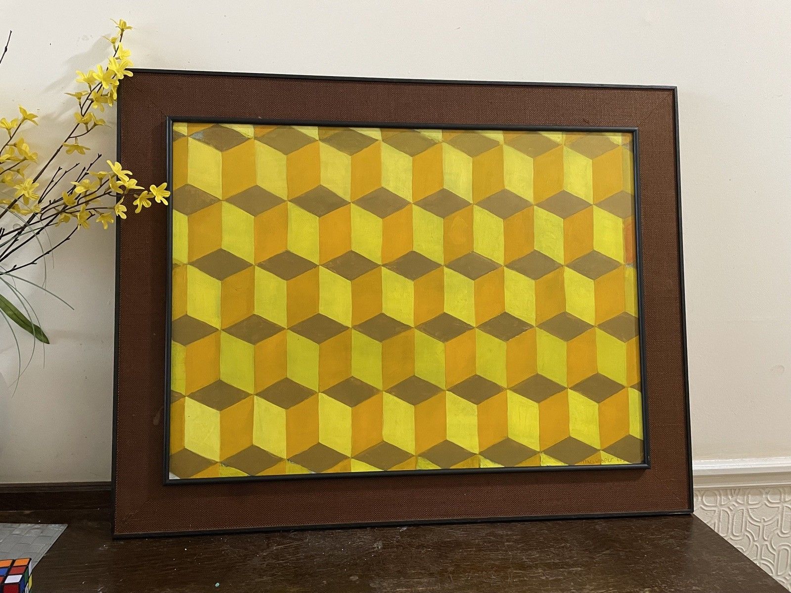 Mid Century Op Art Oil Painting Framed Signed Vintage Modernist Bridget Riley