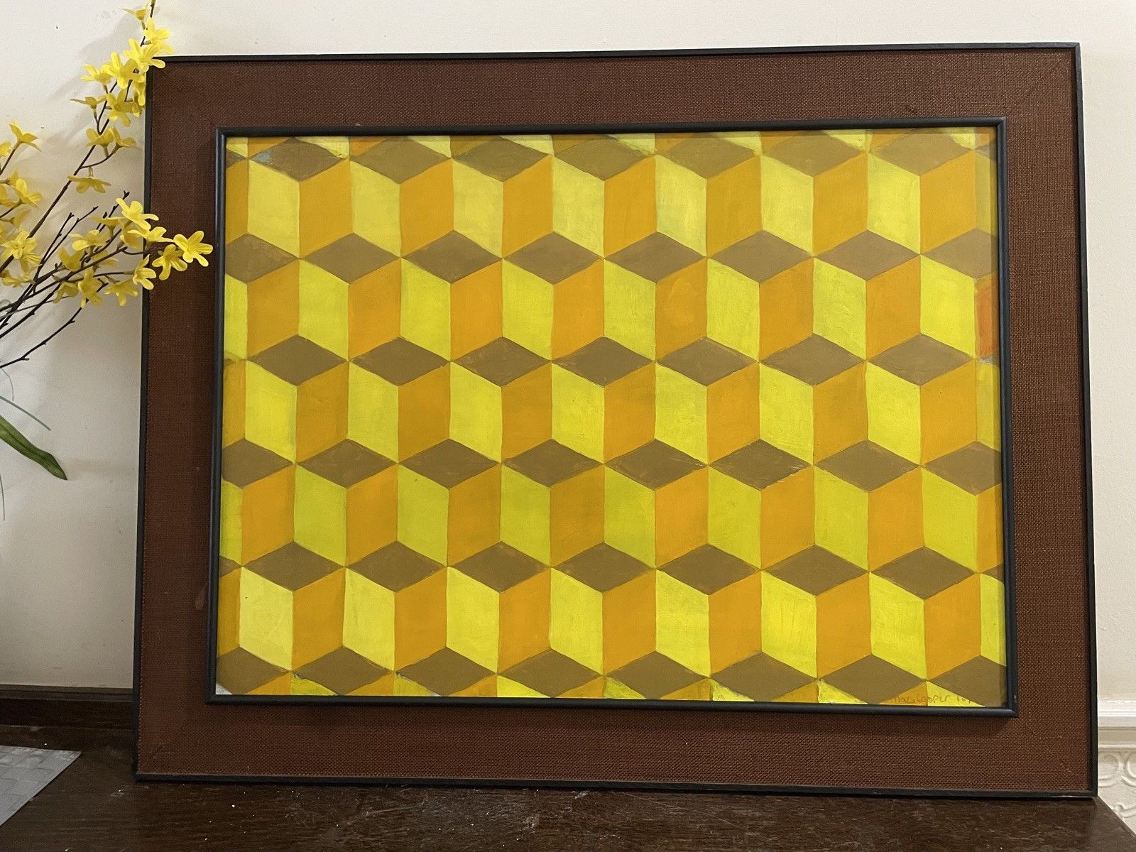 795.0 Mid Century Op Art Oil Painting Framed Signed Vintage Modernist Bridget Riley photo