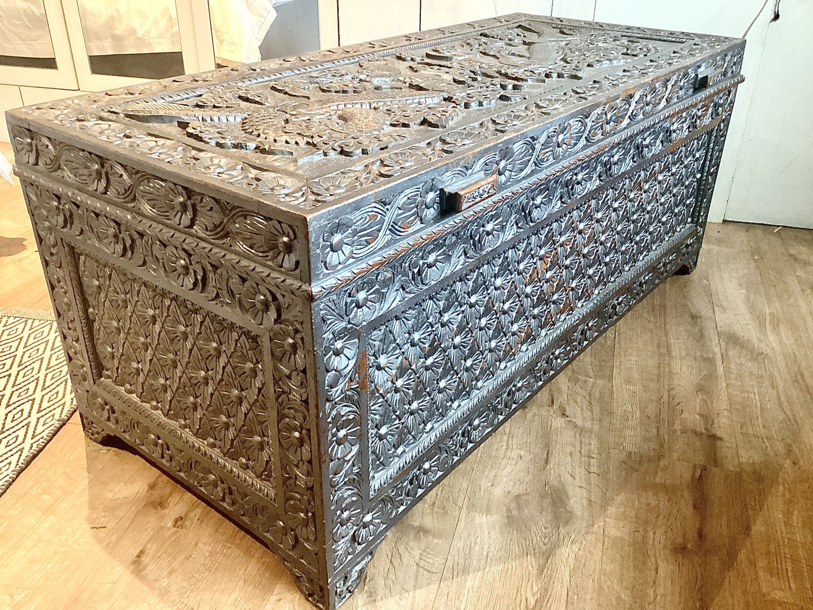 photo buy Large Chinese Carved Teak Chest  Twin Dragons C.1930s