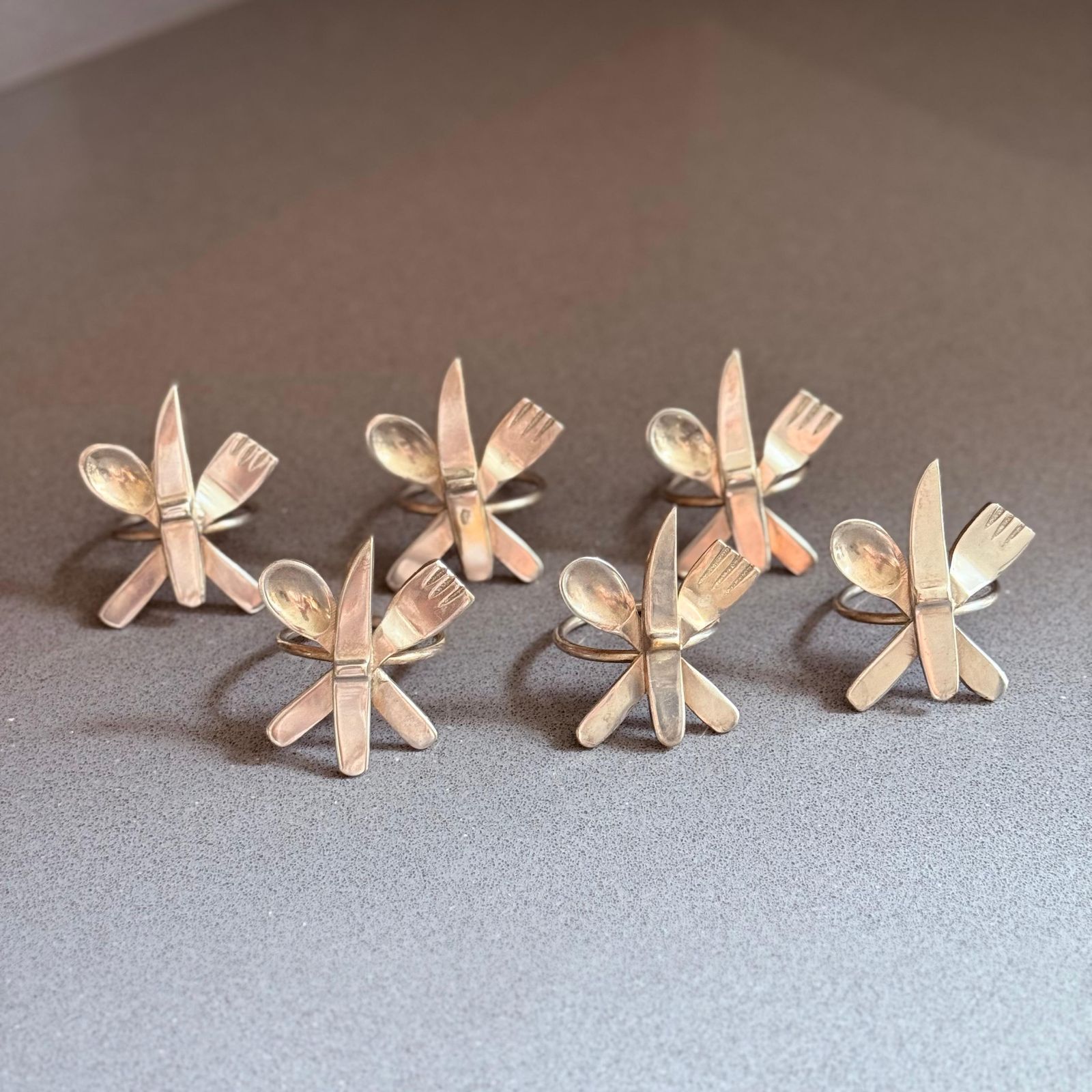 Set Of 6 Vintage Silver Plated Napkin Rings In Cutlery Design Fork, Knife Spoon photo buy