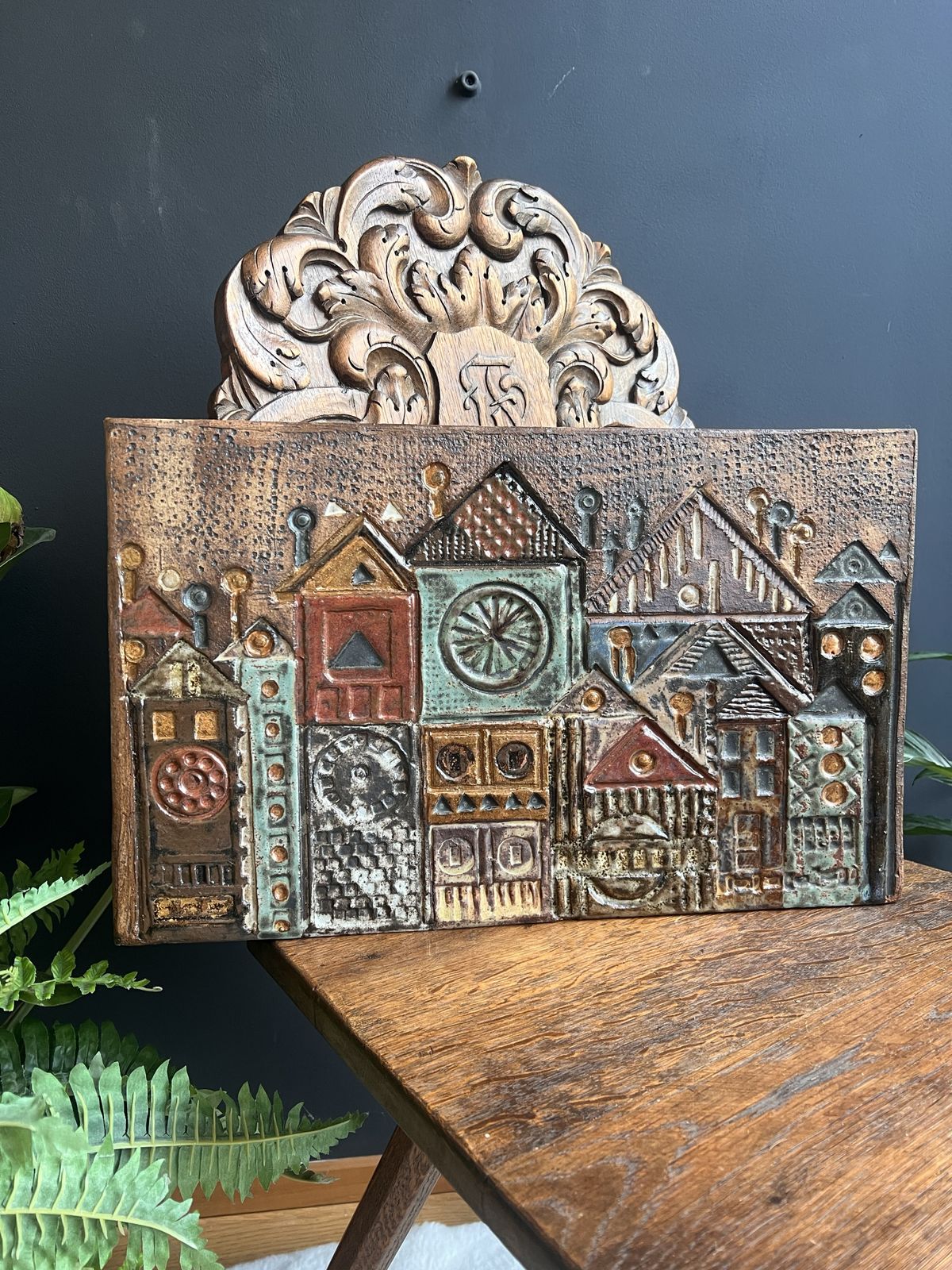 Folk Art Ceramic Wall Plaque, Rheinfelden Switzerland Mid Century Ceramics, Vintage 1970s Swiss Ceramic, Cityscape Art, Medieval House photo 321.0