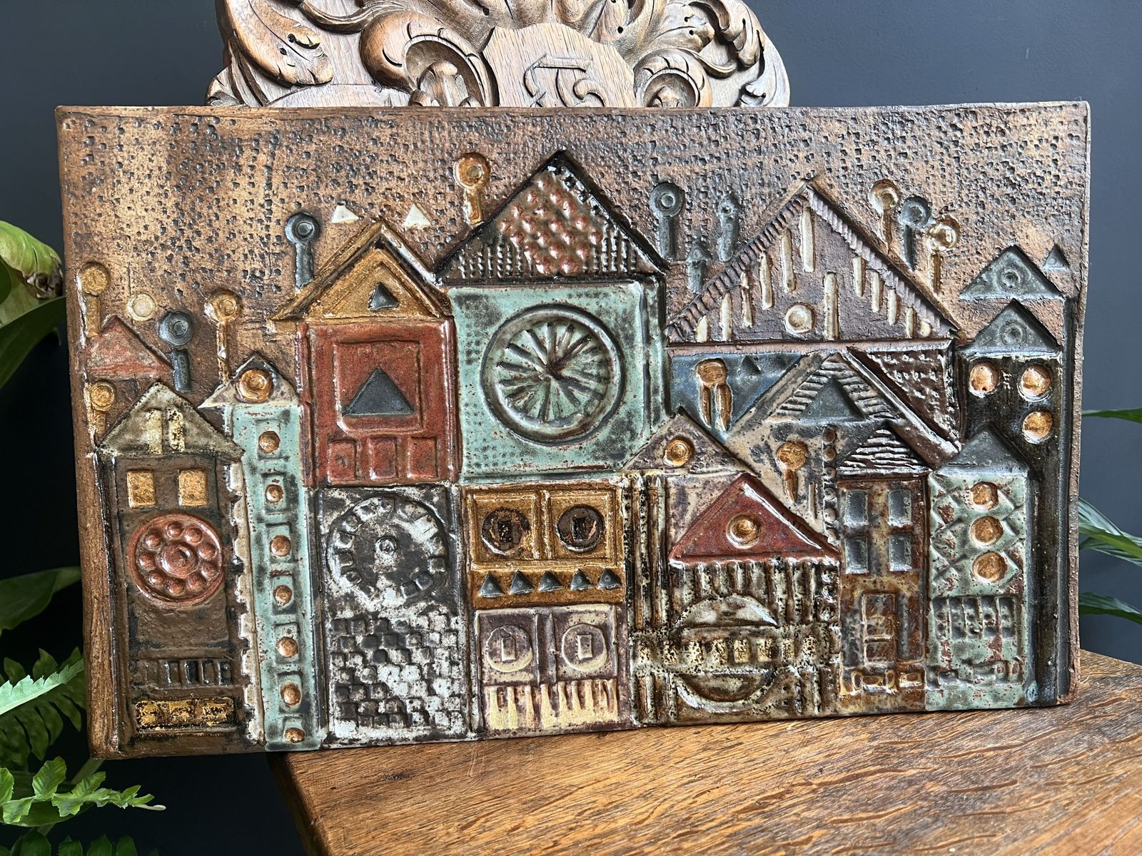 Folk Art Ceramic Wall Plaque, Rheinfelden Switzerland Mid Century Ceramics, Vintage 1970s Swiss Ceramic, Cityscape Art, Medieval House photo buy