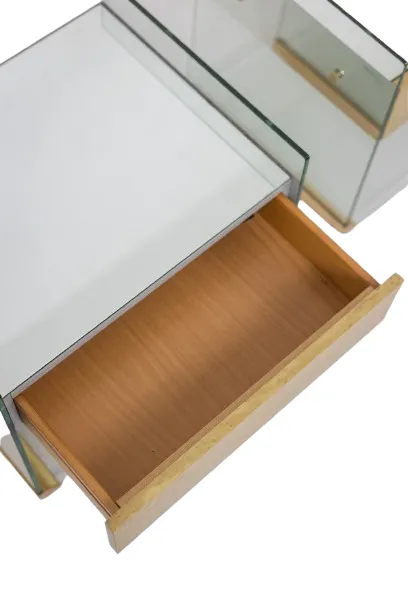 Pair Of Bedside Tables In Brass, Glass And Mirror. 70’s photo furniture