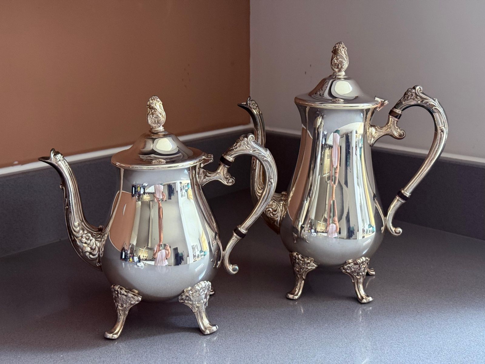 Home Decor Antique Silver Tea And Coffee Set, 4 Piece Footed Service Ornate Handles Lids photo