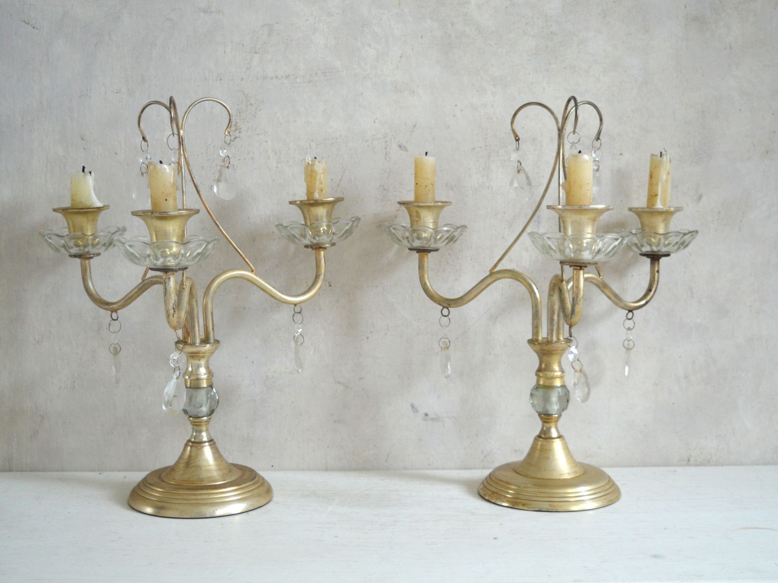 Vintage Pair French Style 3 Arm Candelabras, Blown Glass, Brass Gold Effect Candlesticks photo vintage