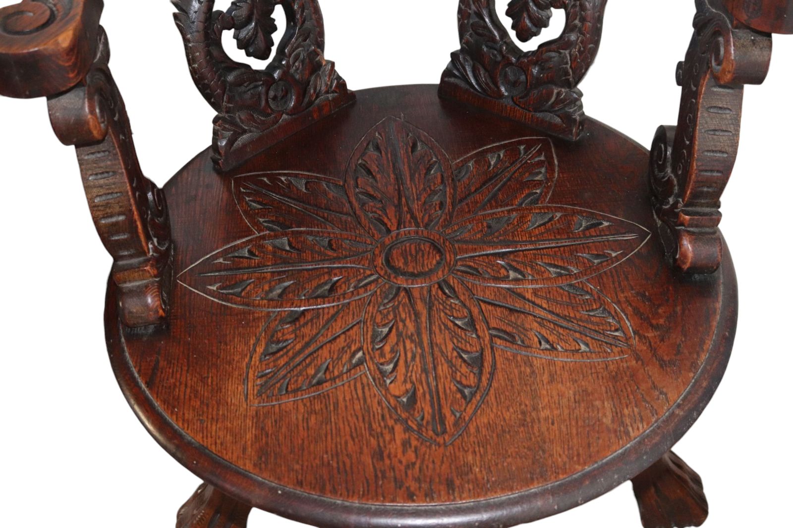 Antique Victorian Carved Oak Green Man Captians Swivel Office Chair photo for sale