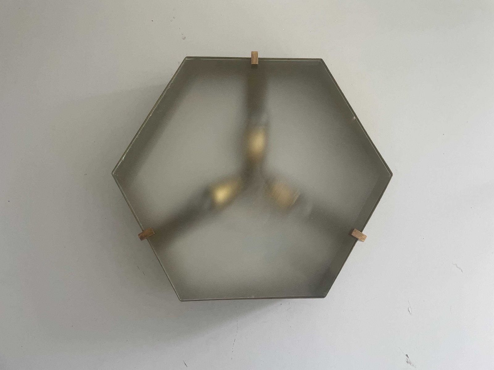 Exclusive Hexagonal Half Transparent Glass And Brass Frame Italian Flush Mount Light, In Style Of Gio Ponti   Arredoluce, 1960s, Italy photo for sale