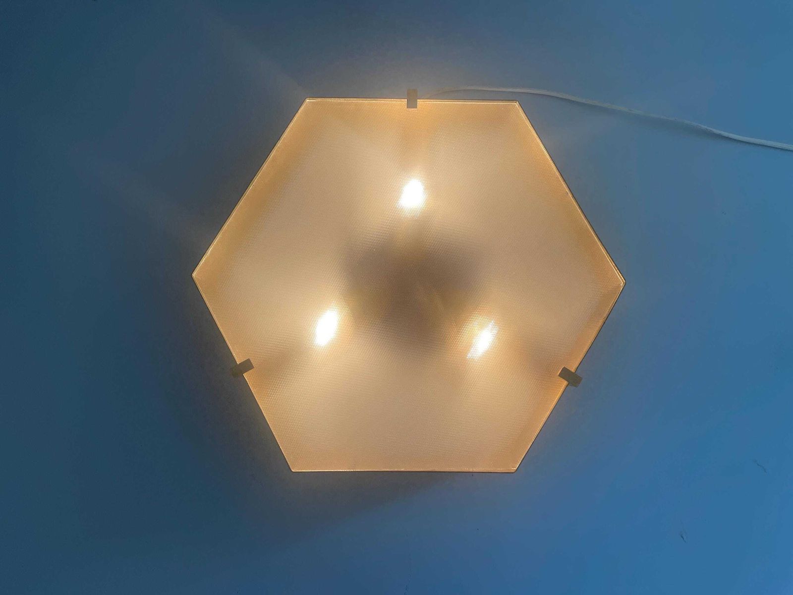 Exclusive Hexagonal Half Transparent Glass And Brass Frame Italian Flush Mount Light, In Style Of Gio Ponti   Arredoluce, 1960s, Italy photo Lighting