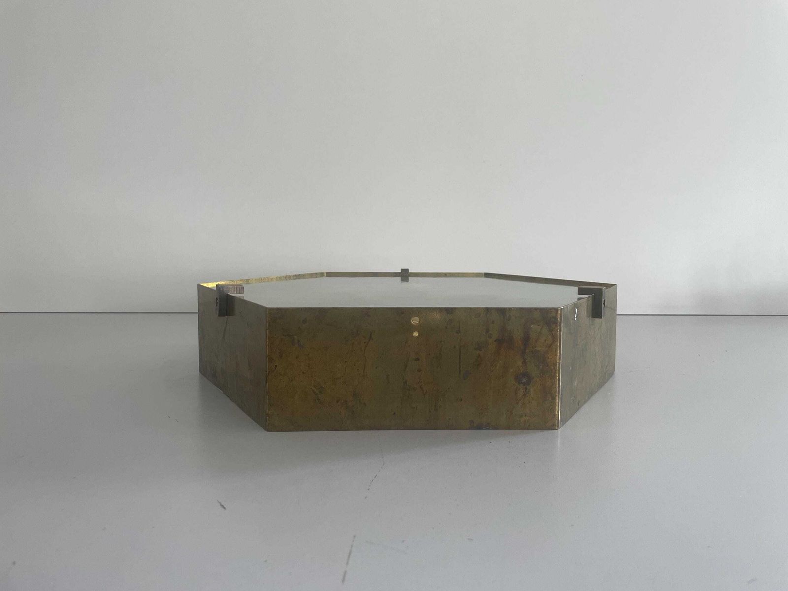 Exclusive Hexagonal Half Transparent Glass And Brass Frame Italian Flush Mount Light, In Style Of Gio Ponti   Arredoluce, 1960s, Italy photo vinterior