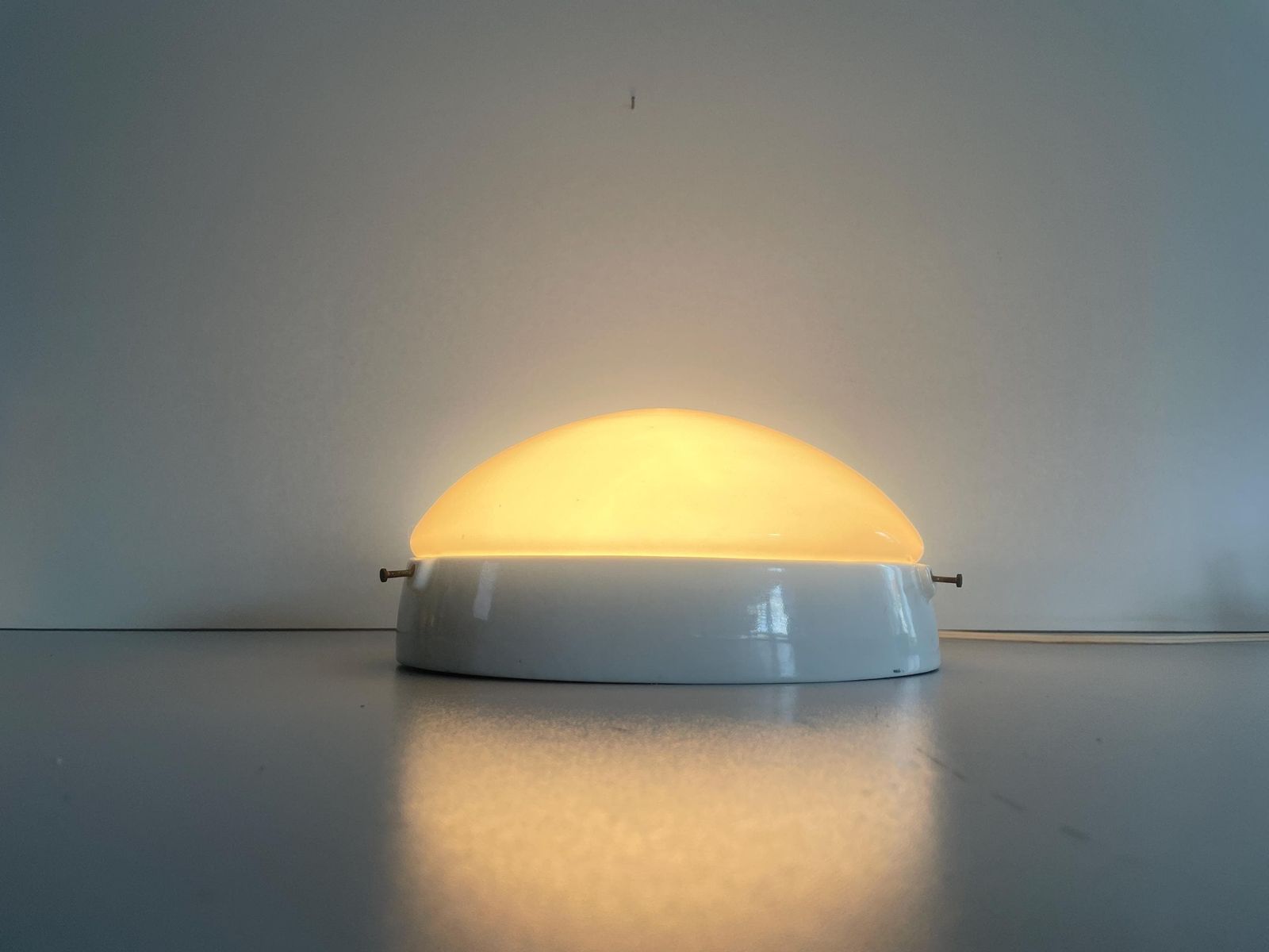 Round Opaline Glass And White Porcelain Single Bathroom Flush Mount Light, 1950s, Italy photo 1164.0