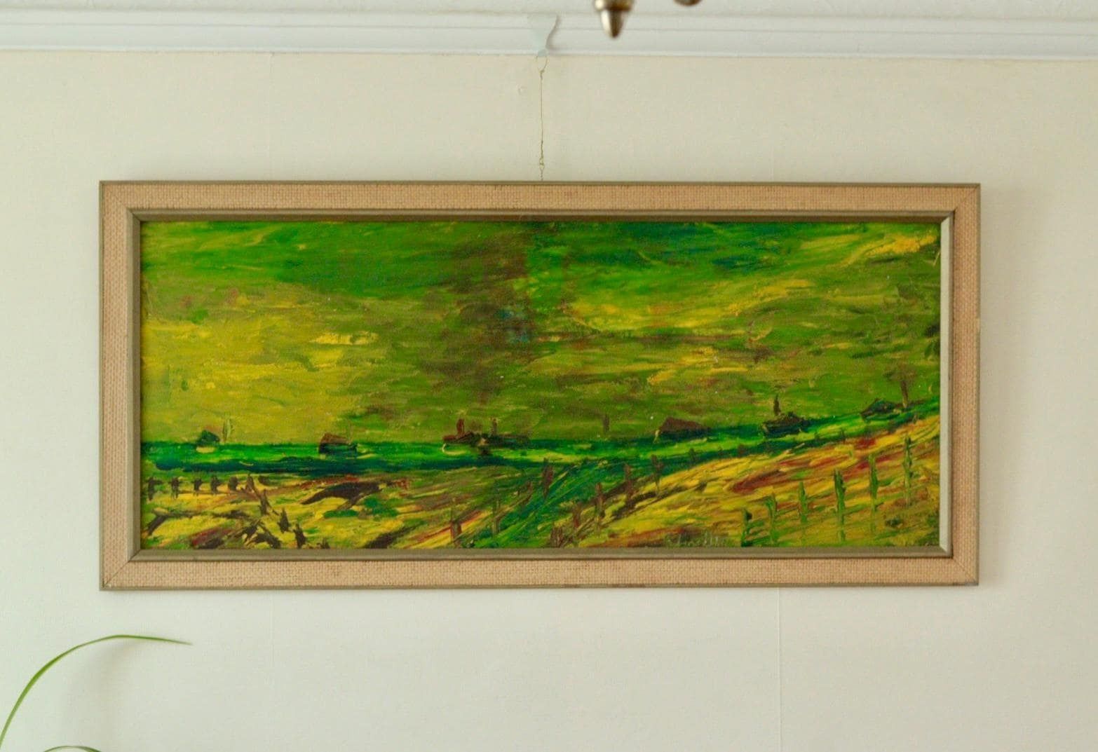 Mid Century Original Swedish Oil On Panel "Vibrant Pastures" By Konstnär Stig Allan Vintage & Framed | 94 X 44 Cm (Approx. 37 X 17.3 In) photo furniture