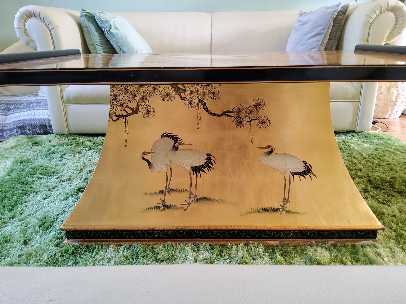 Chinoiserie Gold And Black Lacquered Table With Crane Motifs photo vintage