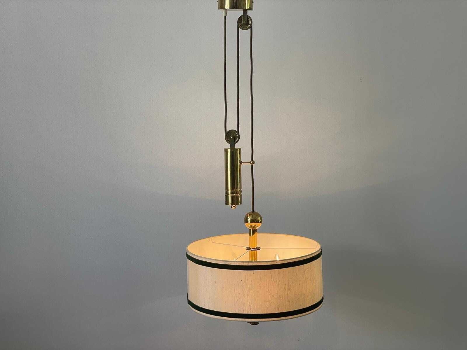 Cylindrical Fabric Shade And Full Brass Body Counterweight Ceiling Lamp By Tz Leuchten, 1970s, Germany photo 3875.0