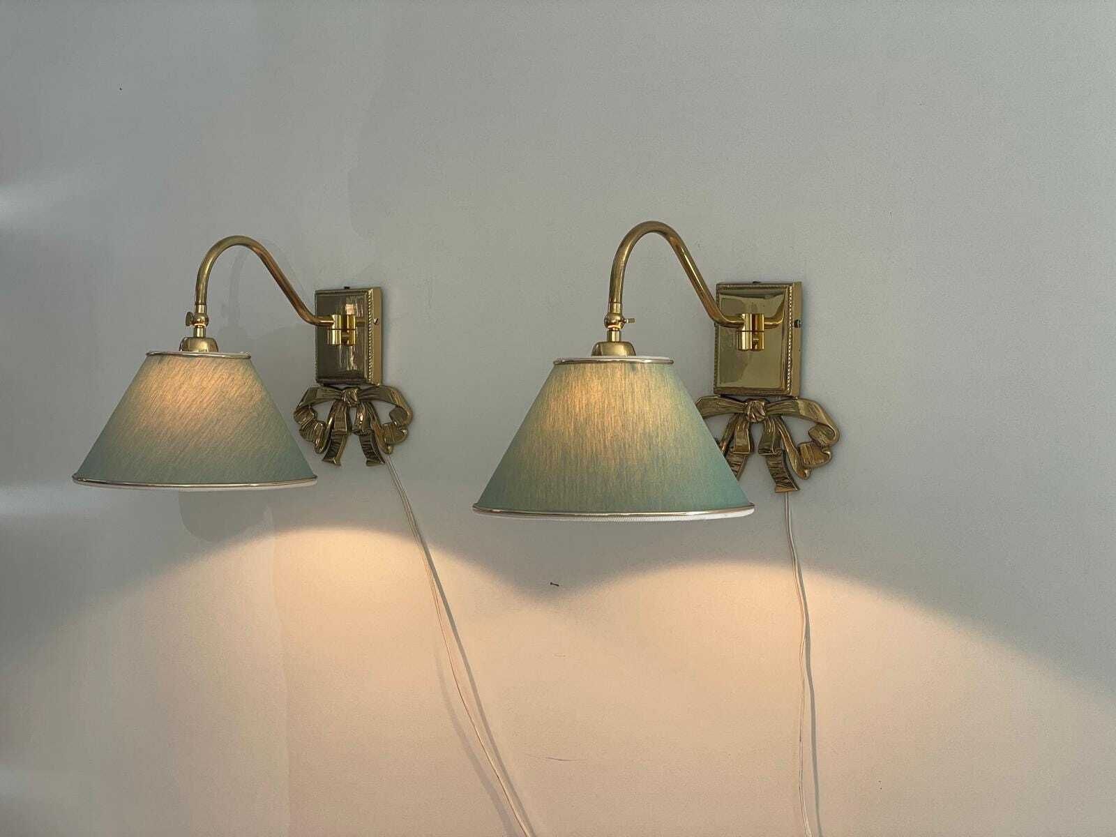 Mid Century Modern Green Fabric Shade And Brass Pair Of Sconces, 1960s, Italy photo furniture