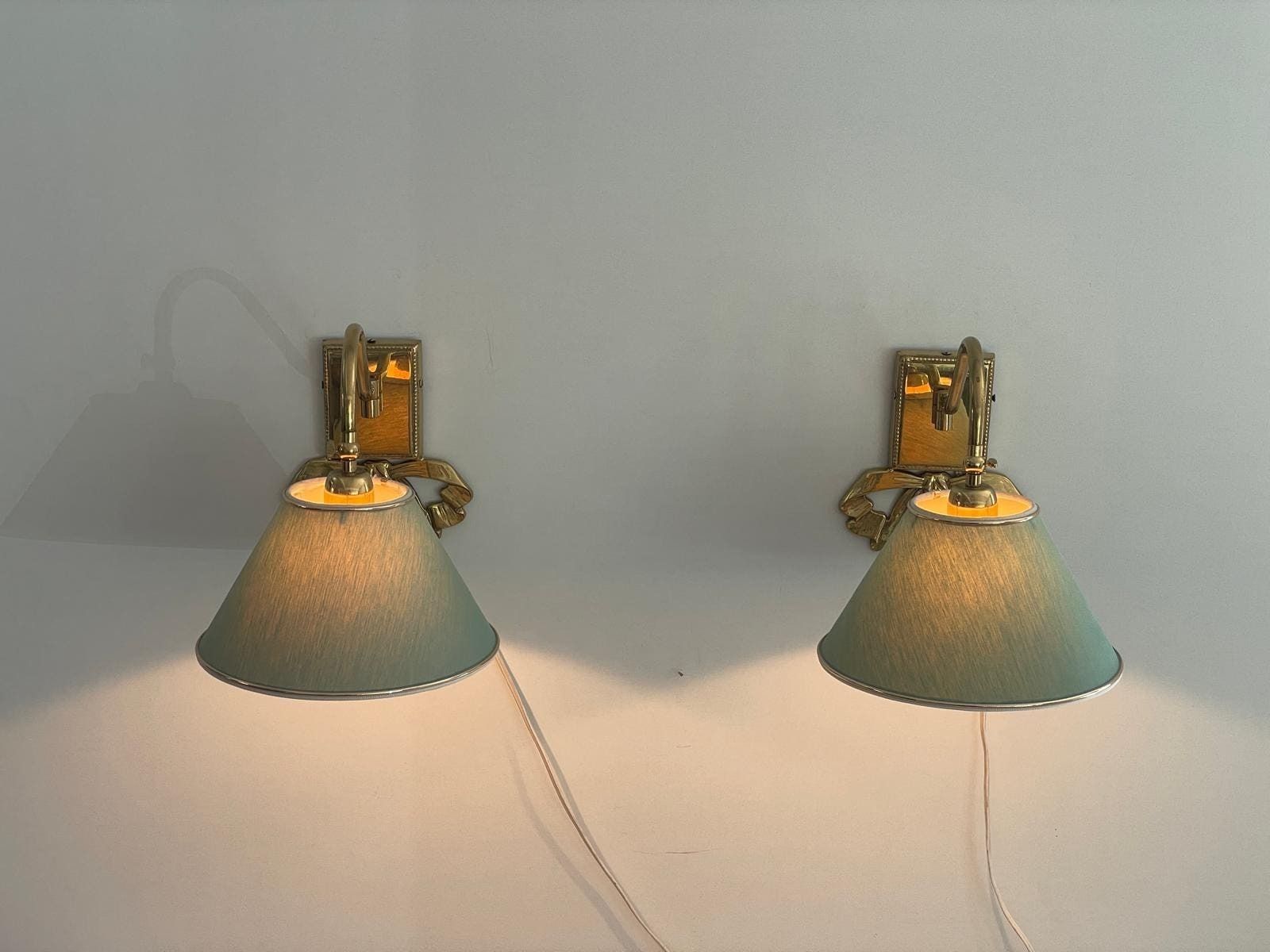 Mid Century Modern Green Fabric Shade And Brass Pair Of Sconces, 1960s, Italy photo Lighting
