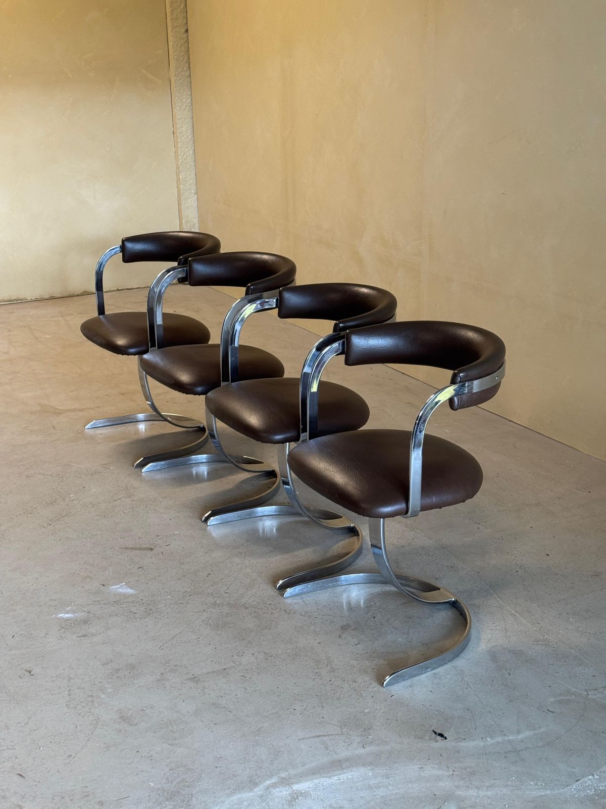 Set Of 4 Cast Iron Chromed Diningchairs With Brown Leather Seating, 1970s photo vinterior