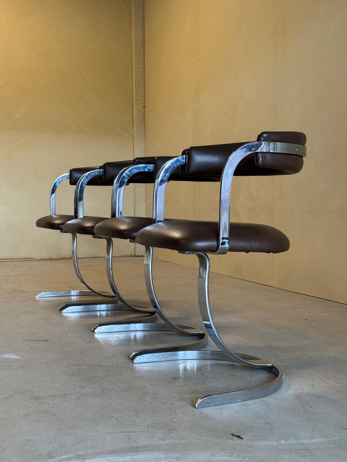 Set Of 4 Cast Iron Chromed Diningchairs With Brown Leather Seating, 1970s photo buy