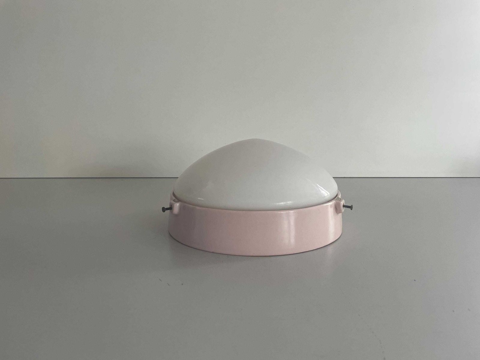 Round Opaline Glass And Pink Porcelain Single Bathroom Flush Mount Light, 1950s, Italy photo for sale