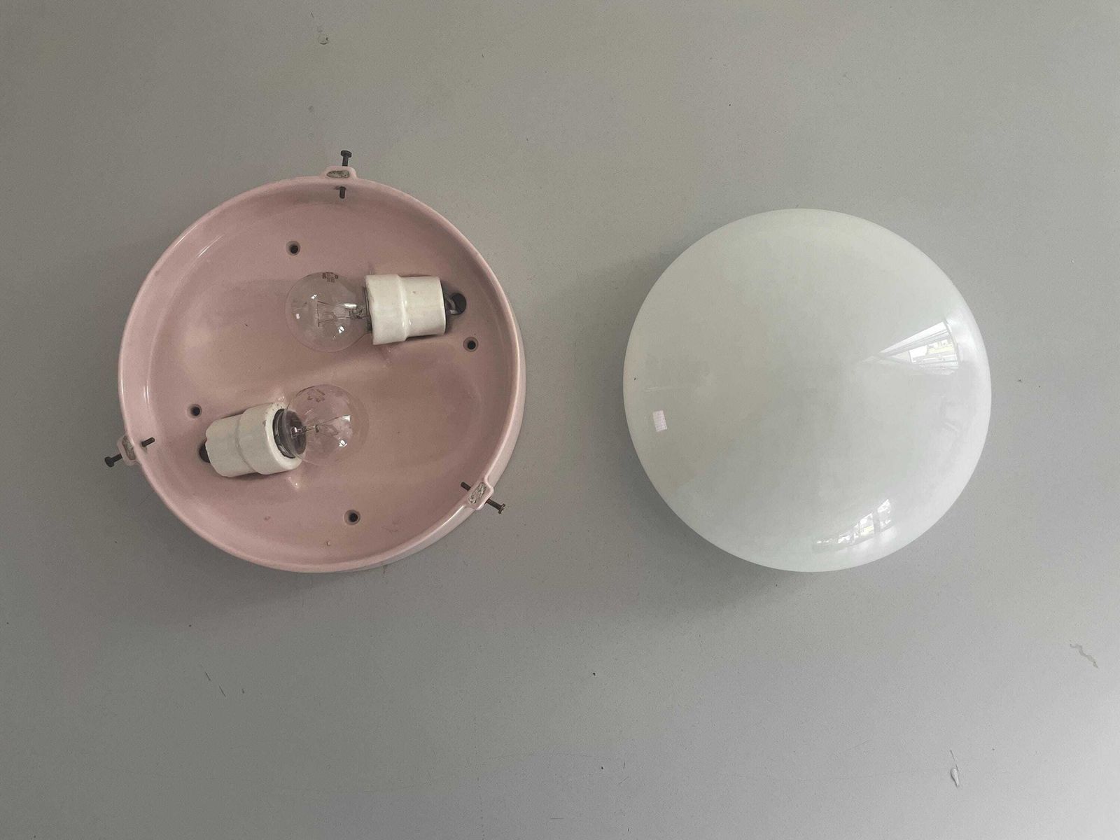 Round Opaline Glass And Pink Porcelain Single Bathroom Flush Mount Light, 1950s, Italy photo vinterior