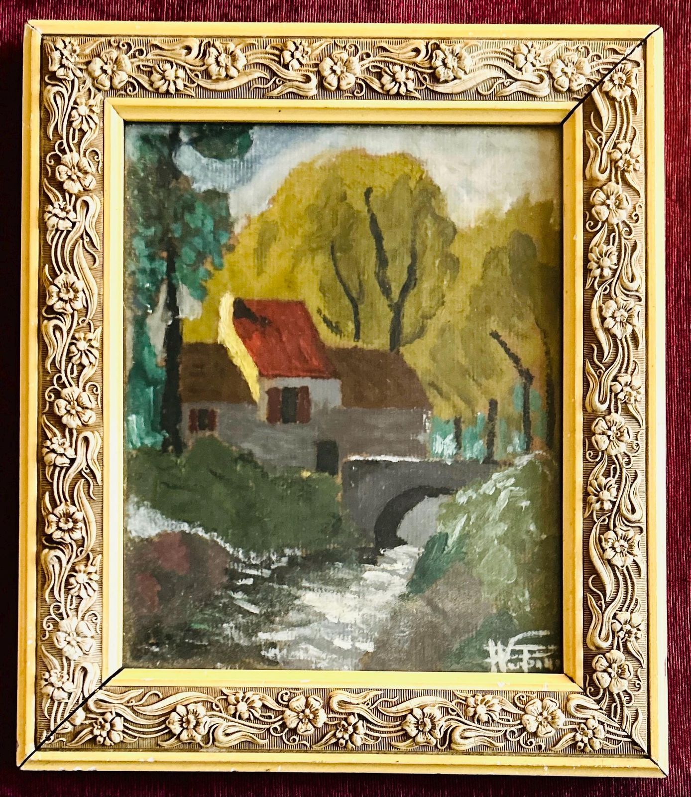 Frans Olieverfschilderij Op Paneel, Jaren 1930. Barbizon School. Boerderij In Frankrijk. Brug, Herfstbladeren En Beek. Landelijke Decoratie. photo furniture