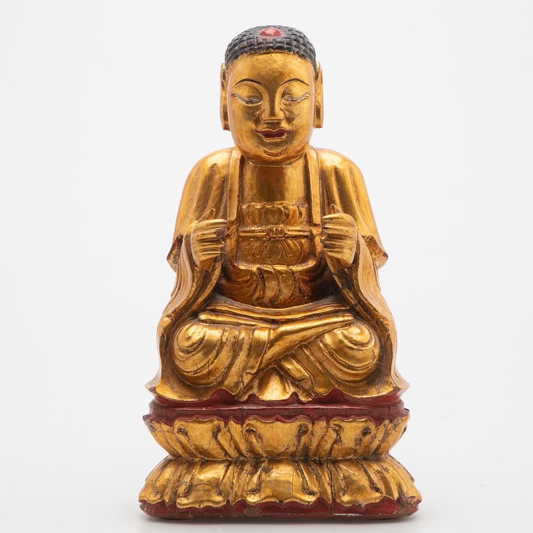 Antique Seated Buddha Amitābha Vietnam C.1900, Gilded Wooden Sculpture On Lotus photo 1077.0