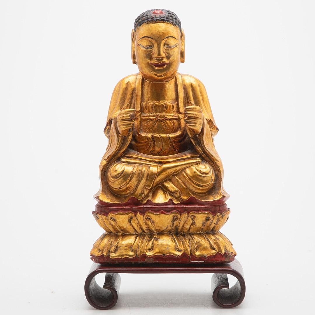 Antique Seated Buddha Amitābha Vietnam C.1900, Gilded Wooden Sculpture On Lotus photo vinterior