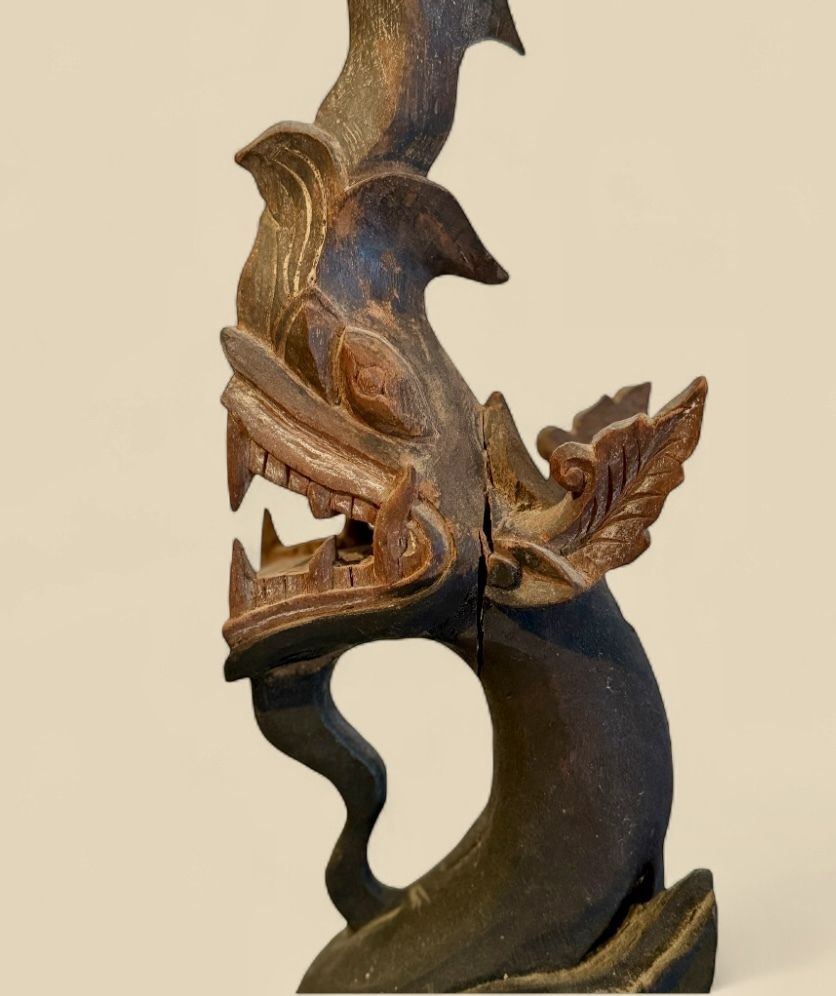 Antique Wood Carving From South East Asia Of A Naga On Stand photo Art