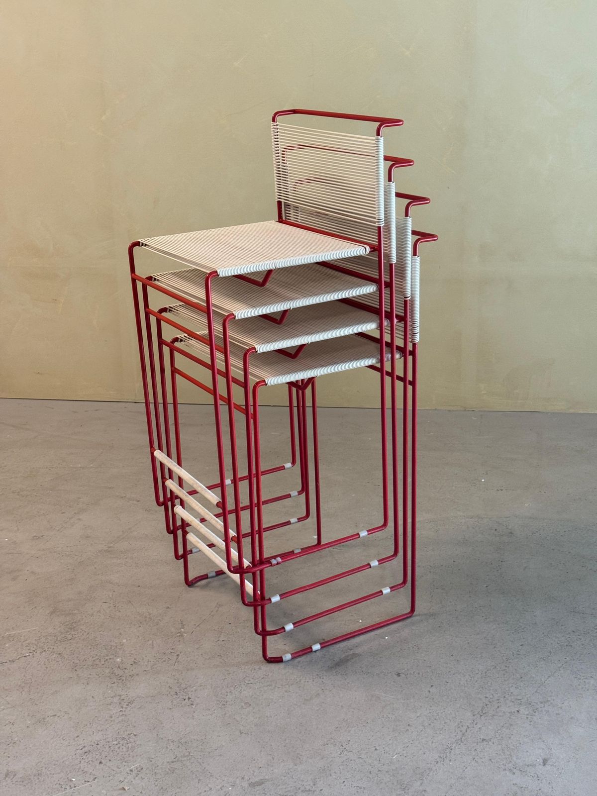 Set Of 4 Red Bar Stools By Giandomenico Belotti For Fly Line, 1970’s photo vinterior
