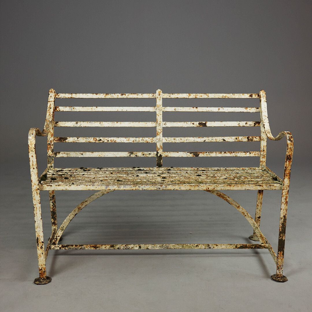 19th Century Regency Wrought Iron Strapwork Garden Bench Painted In A Distressed Finish 127cm W X 91cm photo furniture