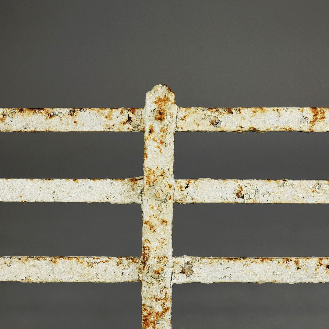 photo furniture 19th Century Regency Wrought Iron Strapwork Garden Bench Painted In A Distressed Finish 127cm W X 91cm