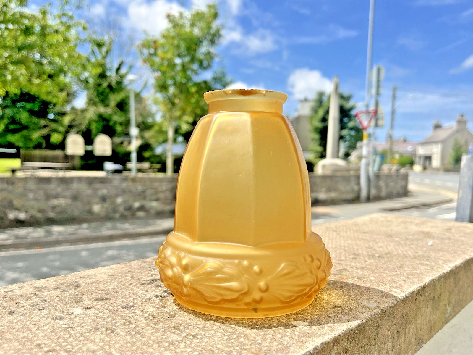 Antique Art Deco 20's French Satin Amber Frosted Glass Light Ceiling Lamp Shade