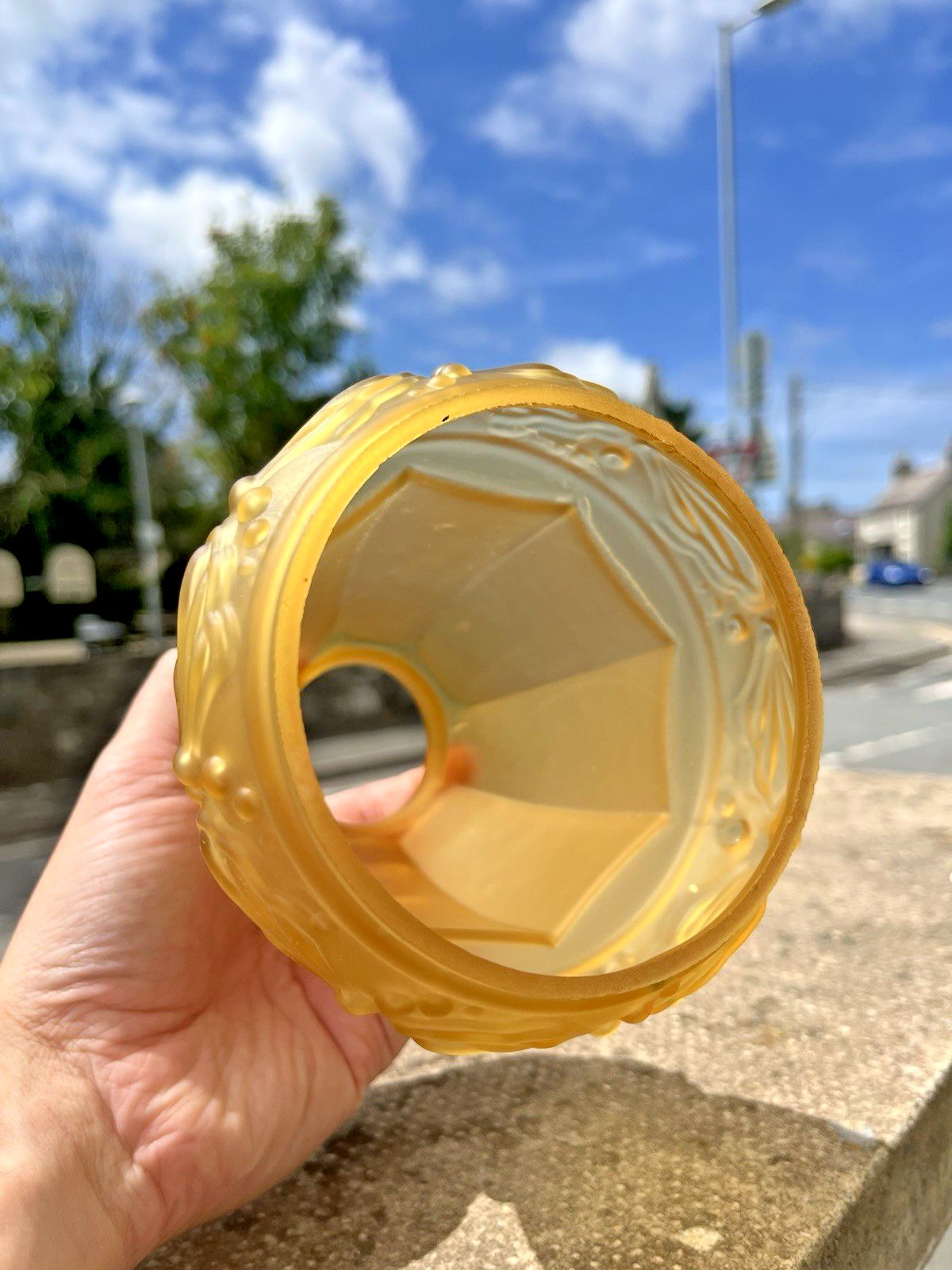 Antique Art Deco 20's French Satin Amber Frosted Glass Light Ceiling Lamp Shade photo 80.0