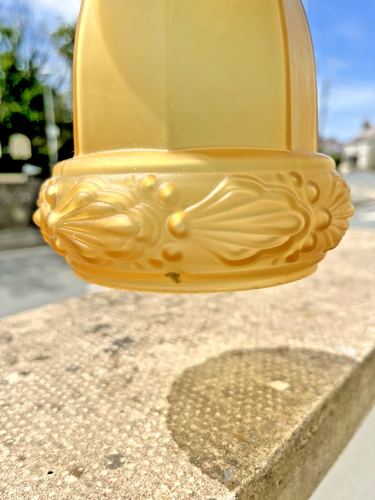 Antique Art Deco 20's French Satin Amber Frosted Glass Light Ceiling Lamp Shade photo vinterior
