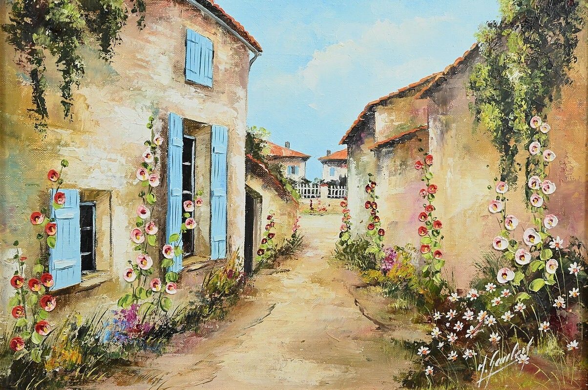 Painting “The Blue Shutters” Signed J. Gaubert – 2nd Part 20th Century photo 410.0