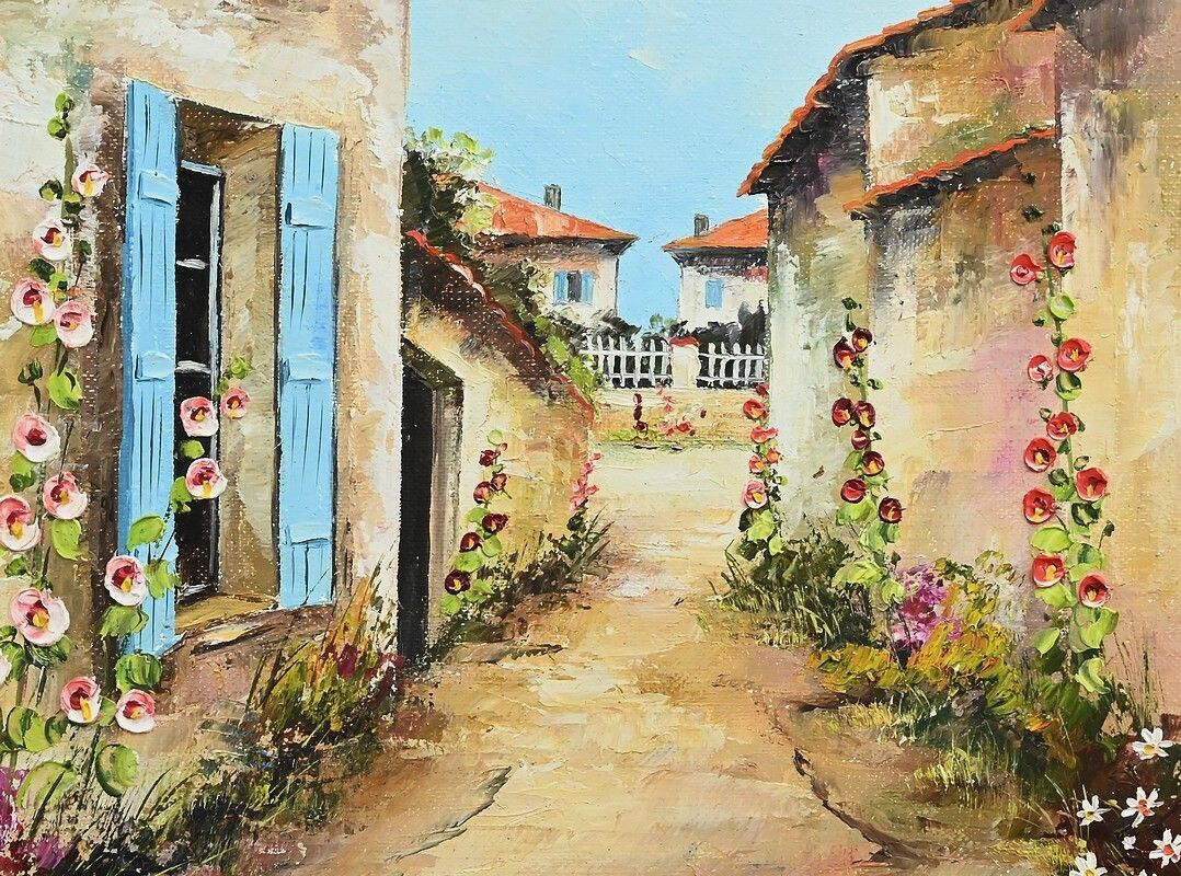 Painting “The Blue Shutters” Signed J. Gaubert – 2nd Part 20th Century photo vinterior