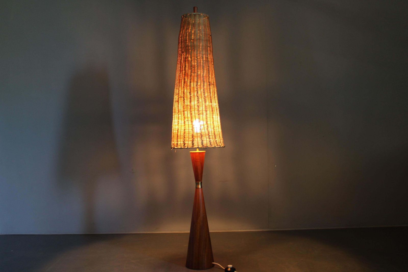 photo furniture 1960s Parker Knoll Wooden Table Lamp With Wicker Shade, Britain