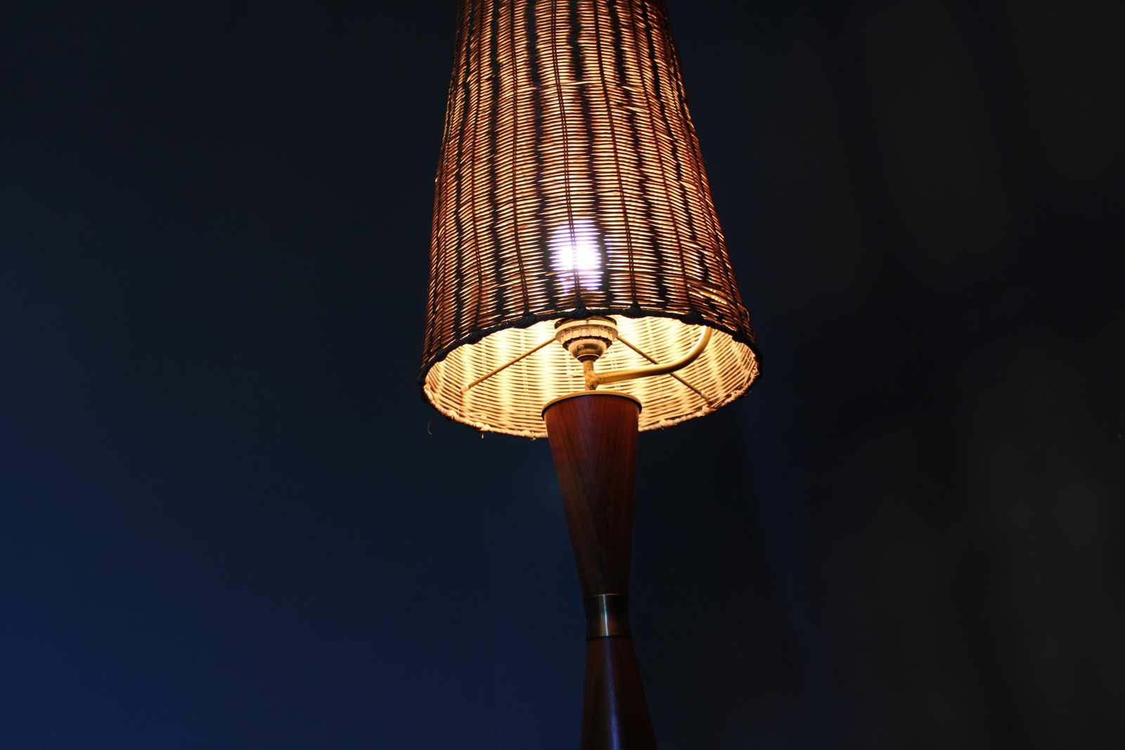 photo for sale 1960s Parker Knoll Wooden Table Lamp With Wicker Shade, Britain