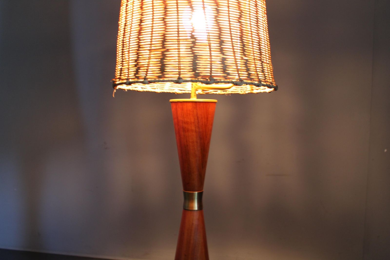 Lighting 1960s Parker Knoll Wooden Table Lamp With Wicker Shade, Britain photo