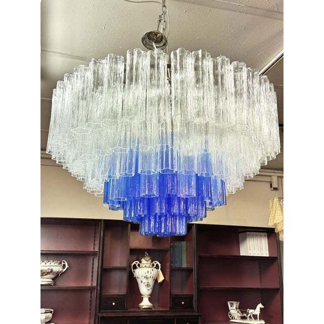 Large Transparent And Blue "Tronchi" Murano Glass Chandelier In Venini Style photo vinterior