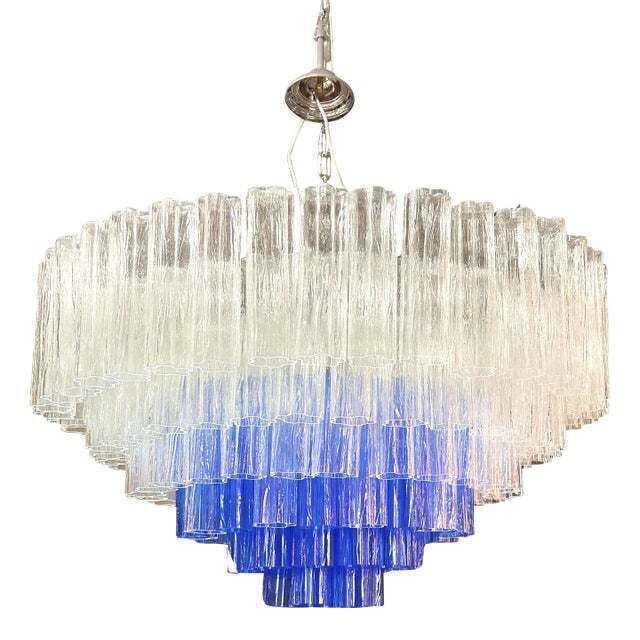 Large Transparent And Blue "Tronchi" Murano Glass Chandelier In Venini Style