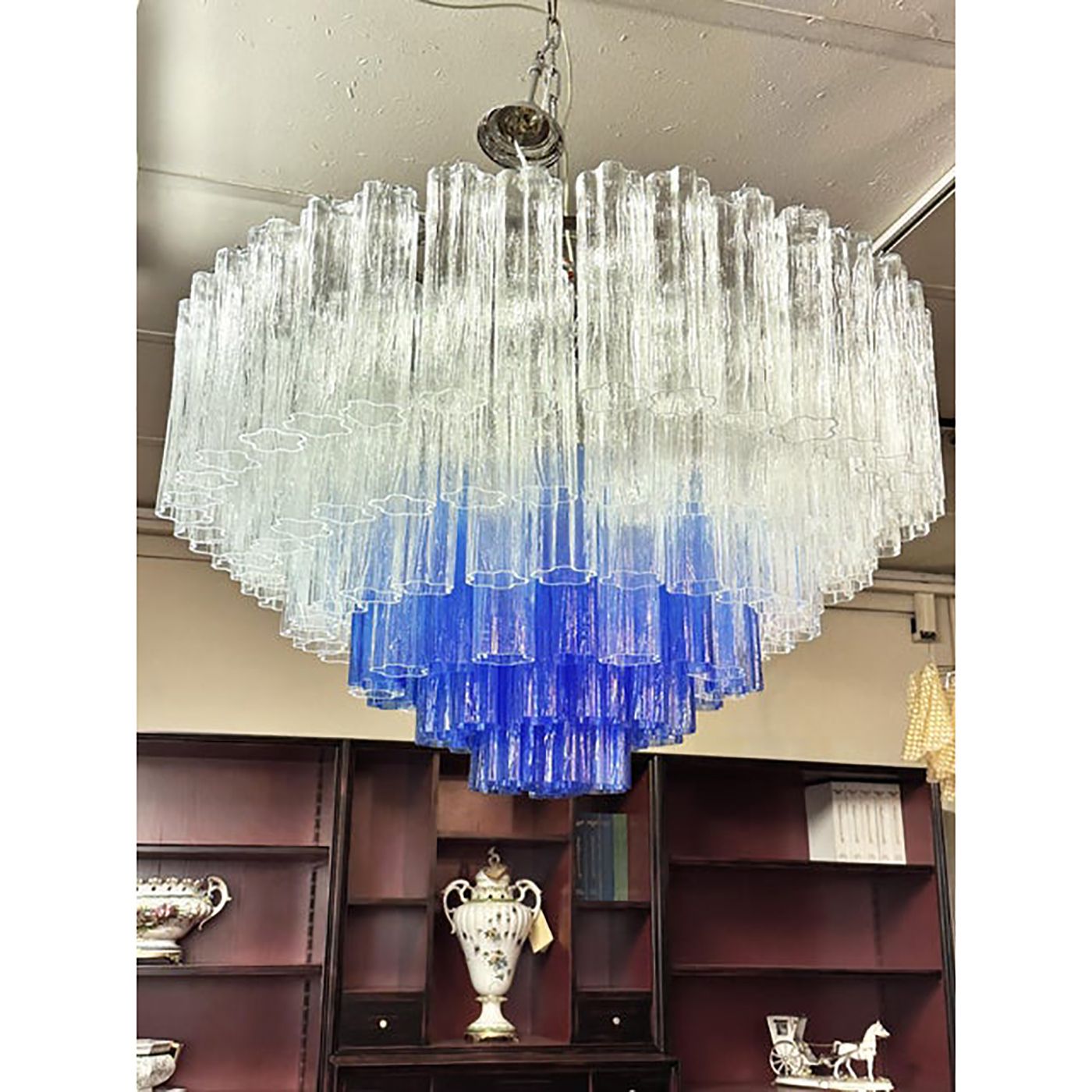 Large Transparent And Blue "Tronchi" Murano Glass Chandelier In Venini Style photo Lighting