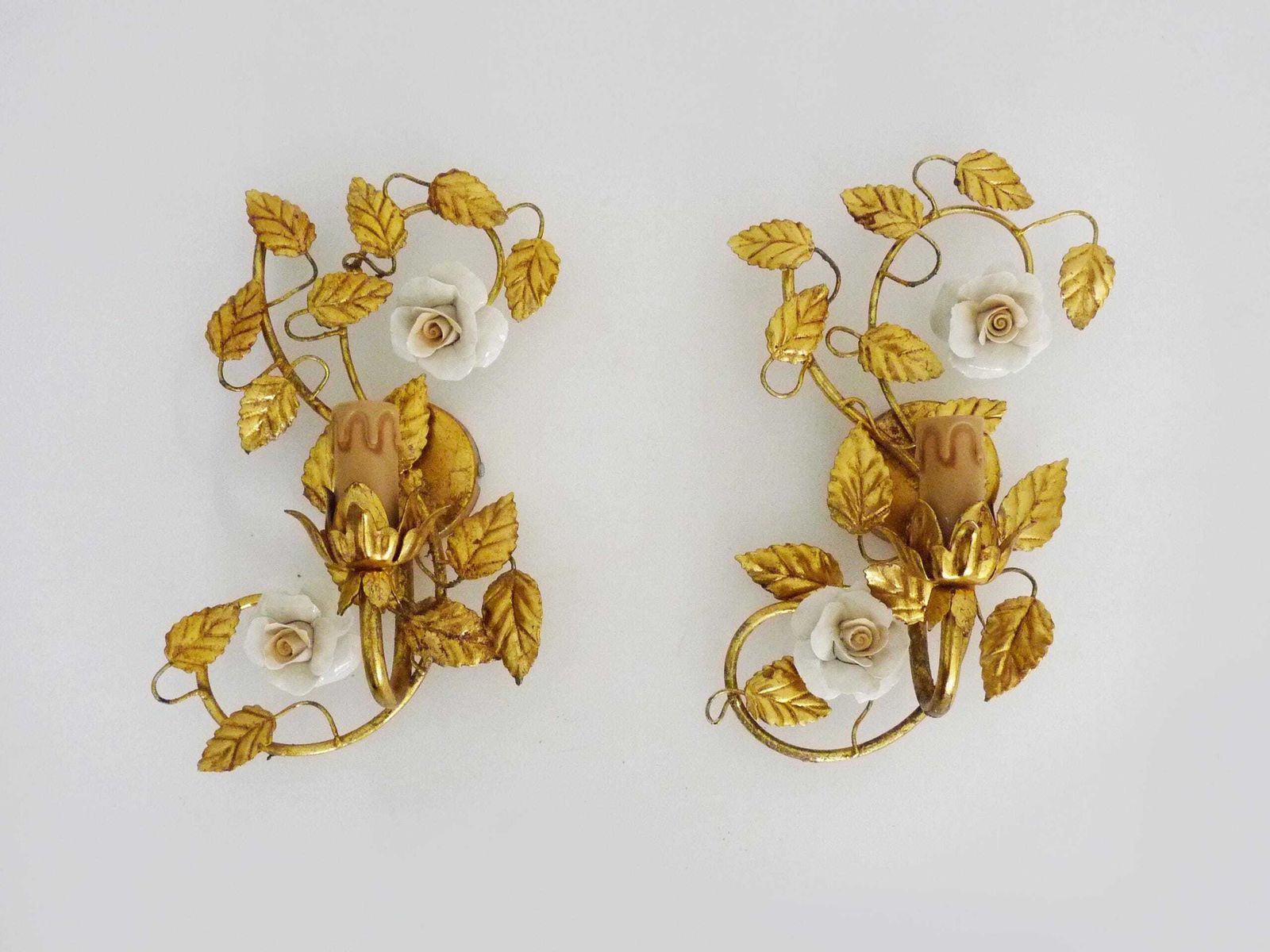 Pair Of Italian Wall Sconces With Gold Leaf And Rose Ceramic Decorations. 1970s 1980s