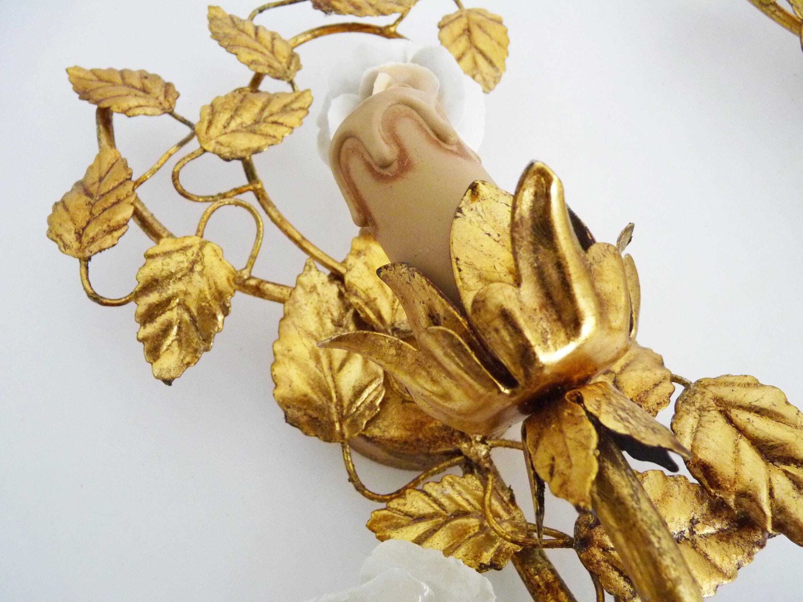 Pair Of Italian Wall Sconces With Gold Leaf And Rose Ceramic Decorations. 1970s 1980s photo buy