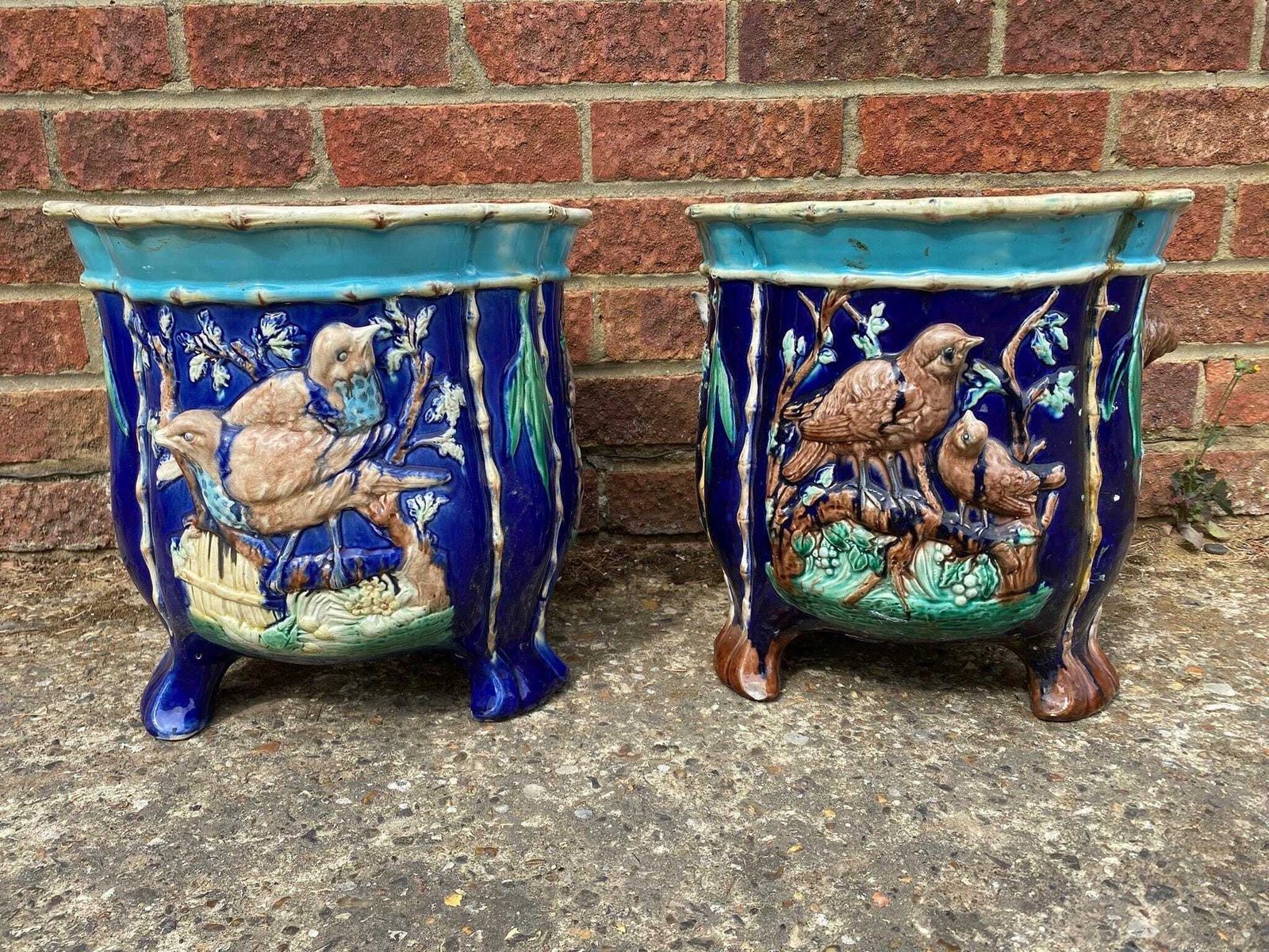 Pair Of Late 19th Century Joseph Holdcroft Majolica Cachepots Jardinières