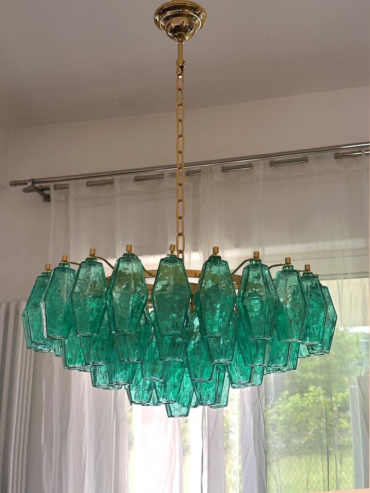 Contemporary Green “Poliedri” Murano Glass Gold Chandelier In Venini Style photo Lighting
