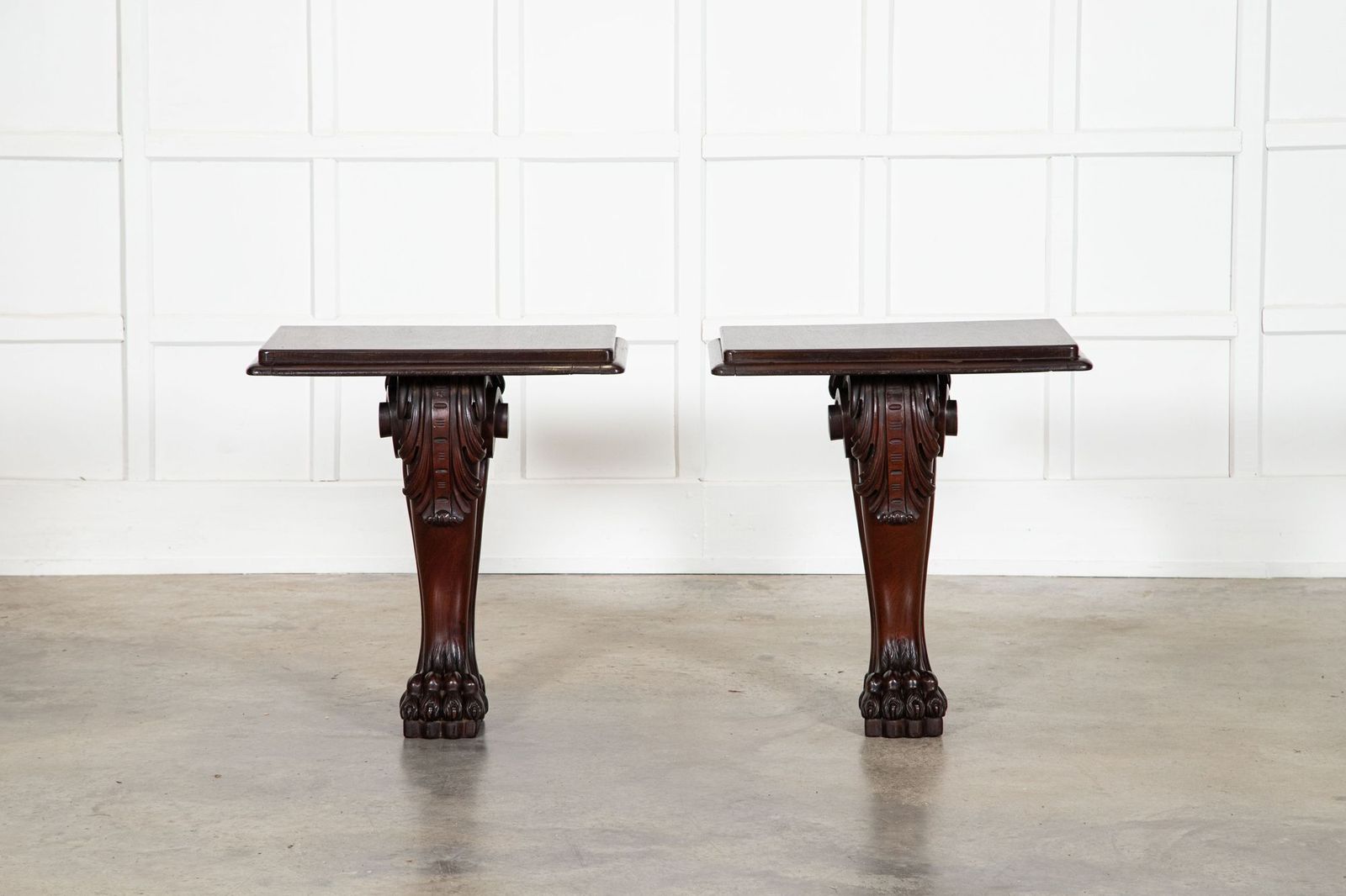 Pair English 19thc Mahogany Lion Paw Console Tables photo for sale