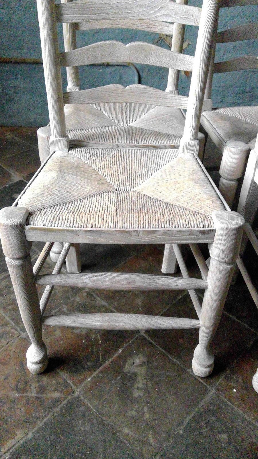 A Set Of Four Lancashire Antique  Limed  Oak Ladderback Rush Seated  Chairs photo furniture
